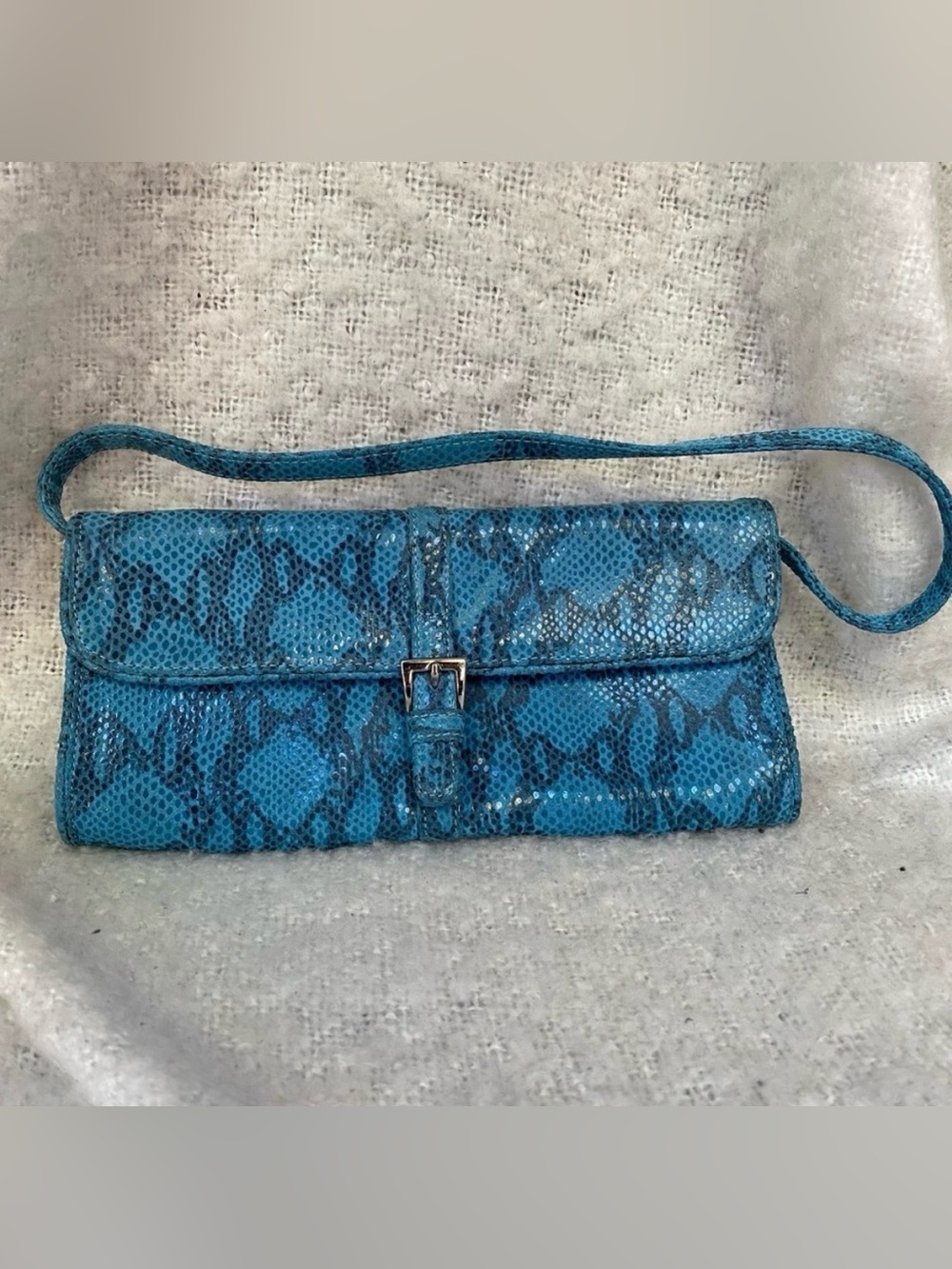 bebe Teal Snake Baguette Clutch